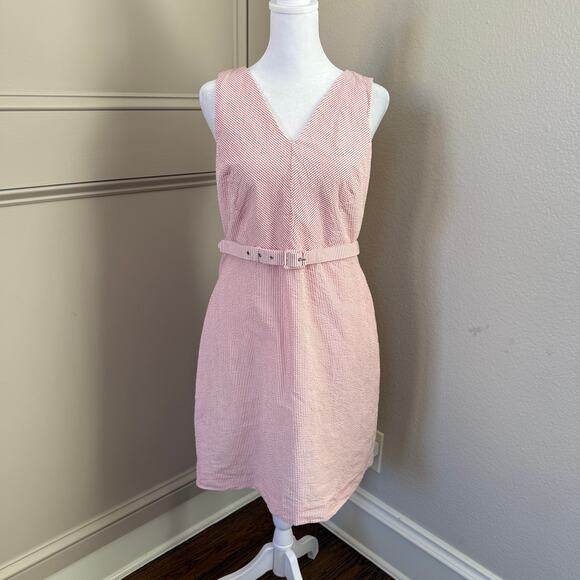 J.Crew Factory Belted Seersucker Dress Red Sleeveless Fit & Flare Size 12 - Picture 1 of 4